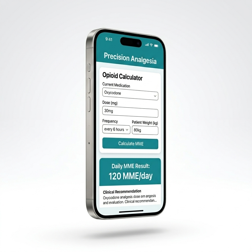 Precision Analgesia iOS app showing the Opioid Calculator